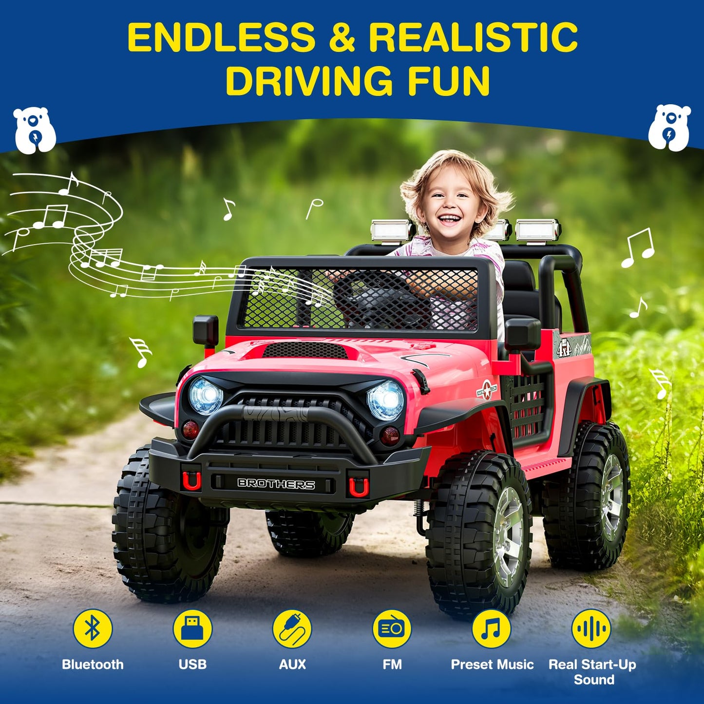 L8 Ride On Car, 12V Kids Electric Car w/Remote Control, 2 Seater, Spring Suspension, Bluetooth Speaker, Multi Music Modes, 3 Speeds, LED Lights, Xmas & Birthday Gift Ideas for Kids Ages 3+