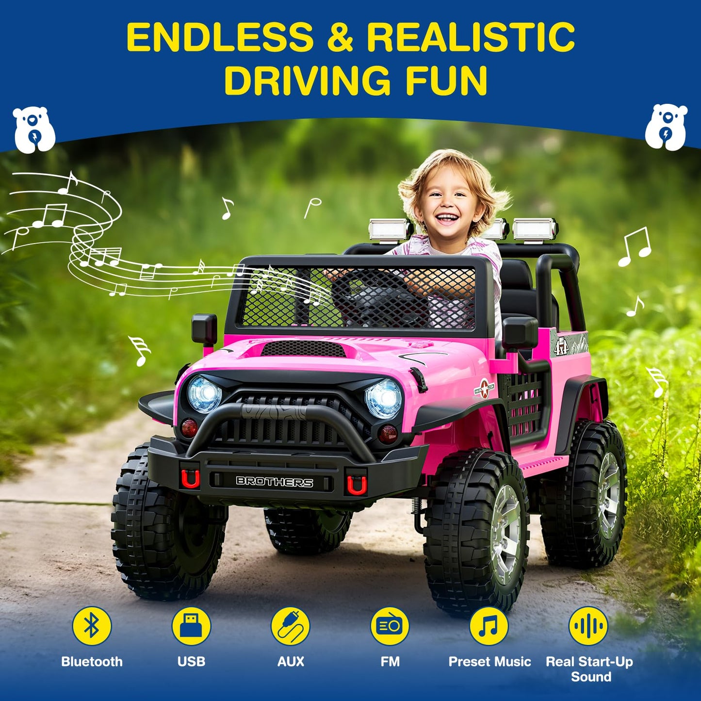 L8 Ride On Car, 12V Kids Electric Car w/Remote Control, 2 Seater, Spring Suspension, Bluetooth Speaker, Multi Music Modes, 3 Speeds, LED Lights, Xmas & Birthday Gift Ideas for Kids Ages 3+