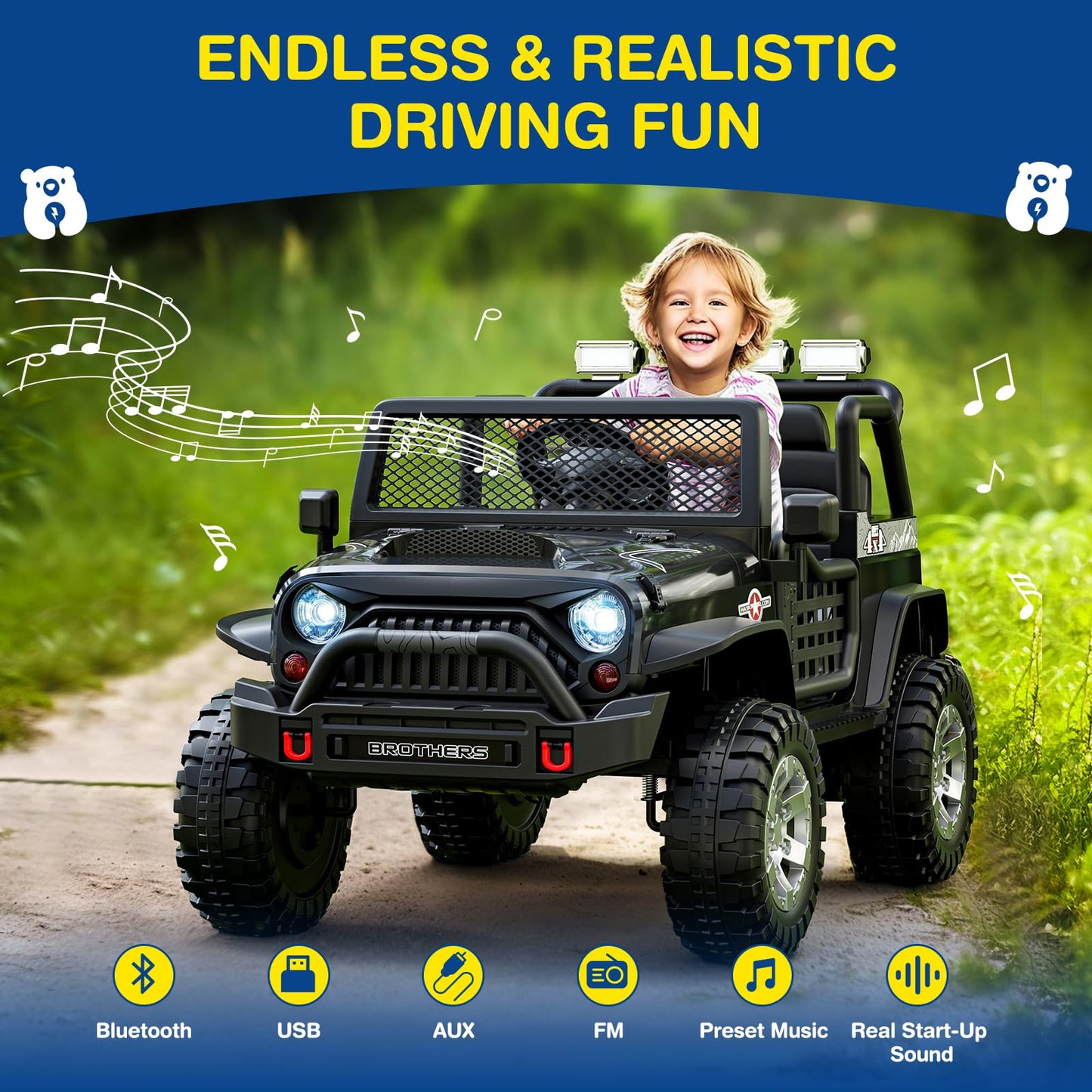 L8 Ride On Car, 12V Kids Electric Car w/Remote Control, 2 Seater, Spring Suspension, Bluetooth Speaker, Multi Music Modes, 3 Speeds, LED Lights, Xmas & Birthday Gift Ideas for Kids Ages 3+